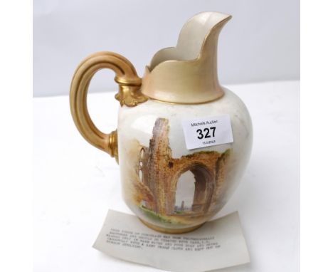 Royal Worcester flat backed jug decorated with Tynemouth Priory signed Davis, with paperwork stating the piece has been profe