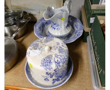 Blue and white ceramic wash jug, bowl and lidded cheese dome