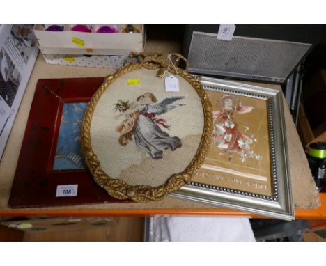 Three vintage tapestry and needlepoint pictures including Tuesday's Child is Full of Grace