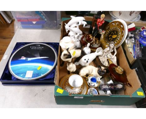 Concorde boxed commemorative plate and box of figurines, plates, cabinet cups and saucers Beswick cats etc