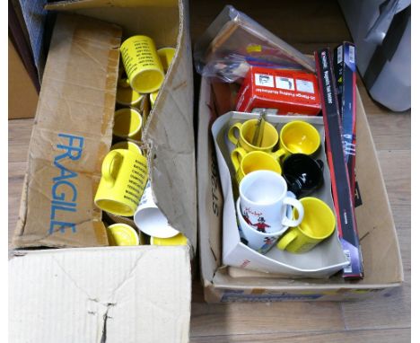 Two boxes of mugs, magnetic tool holders, paintbrushes etc