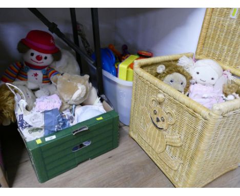 Child's wicker hamper and two boxes of toys, teddies etc