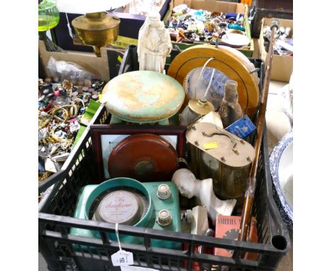 Box of wooden stool, leather tape measure, The Seafarer, walking stick, nautical ornaments etc