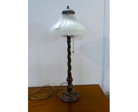 Art Deco twin table lamp with milk glass shade and barley twist wooden column (requires rewiring)