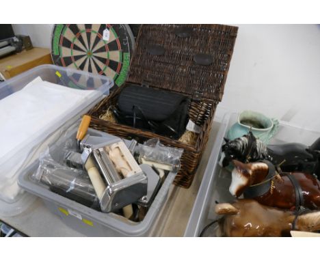 Pasta maker and wicker hamper containing Ferguson video camera