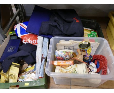 Two boxes and suitcase of Lucas car bulbs, ceramics, fabric, stamps, RNLI jumpers etc