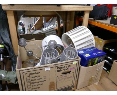 Large round mirror and two boxes of light shades, light fittings, LED lights etc