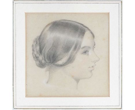 William Mulready R.A. (Irish, 1786-1863), portrait of a young lady, bust in profile with brown hair in a centre parting and b