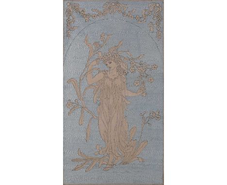 An Arts &amp; Crafts silk crewelwork panel, a classically draped maiden amongst foliage with an arched top, in the manner of 