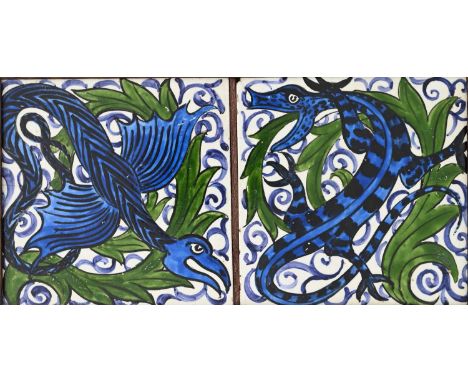 John Pearson, a pair of Arts and Crafts tiles, over glaze painted with lizard and dragon on leafy coils and scrolling foliate