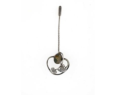 A Scottish Arts and Crafts style silver and opal matrix cabochon brooch stick pin, Helen West, of open knotted tendril form w