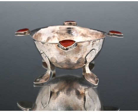 William Snelling Hadaway, an Arts and Crafts silver and enamelled bowl, Louis Charles Detmer, London 1908, planished hemisphe