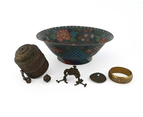 Oriental items including a repousse embossed Tibetan prayer wheel, cloisonne bowl decorated with chrysanthemums, gilt and ena