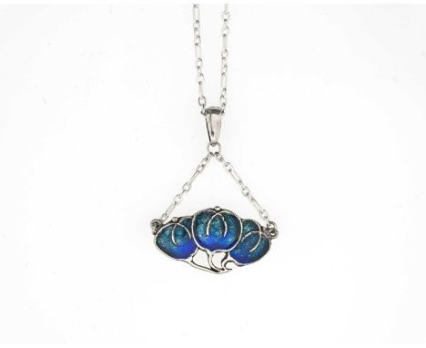 Archibald Knox for Liberty and Co., an Arts and Crafts silver and enamelled pendant, William Hair Haseler, three linked poppy