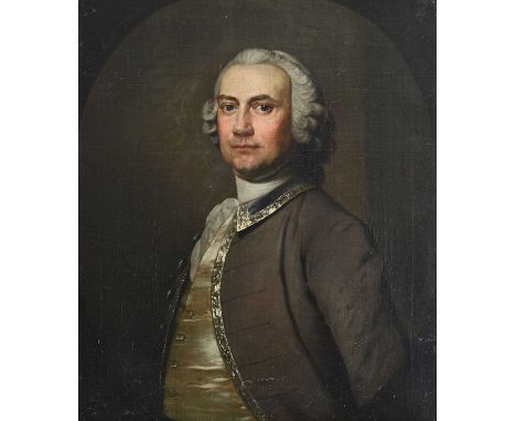 Circle of Allan Ramsay, circa 1750, portrait of a gentleman, half-length in white stock, a grey jacket, and an ivory waistcoa