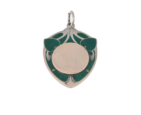 An Arts and Crafts silver and enamelled fob pendant, JBJ, Birmingham 1907, shield form, tendril and heart design in green cha