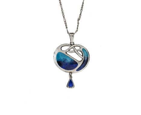 Charles Horner, an Arts and Crafts silver and enamelled pendant, Chester 1906, open Celtic knotted bean design, with drop bel