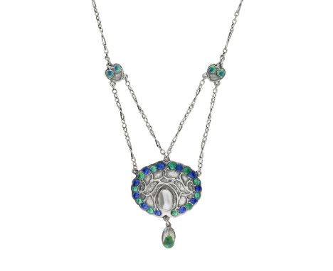 Murrle Bennett, an Arts and Crafts silver and enamelled necklace, cloud edged oval form cast in relief with knotted branches 