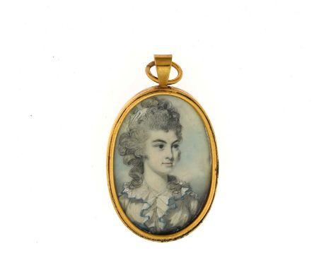British School, 18th Century, an oval portrait miniature of Mrs Brisbane, bust-length, in a dress with a blue trimmed collar,