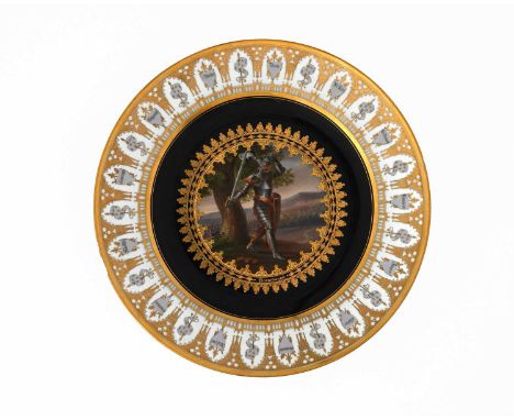 Jean-Charles Develly for Sevres, a painted porcelain plate from the Service de la Chevalerie, 1835, titled Beaumanoir, depict