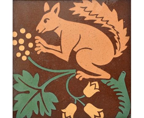 After A W N Pugin for Minton, a Gothic revival encaustic tile, circa 1871, depicting a squirrel on a flowering and fruiting b