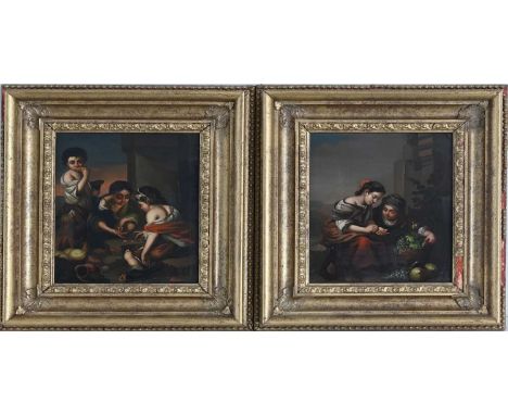 After Bartolome Esteban Murrillo, The Little Fruit Seller; Beggar Boys Playing Dice, a pair, oil on metal, 19 by 15.5cm, gilt