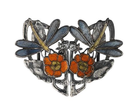 An Arts and Crafts white metal and enamel dragonfly buckle, open knotted branch and leaf design with champleve flowers and gu
