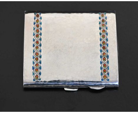 Bernard Cuzner for Liberty and Co., an Arts and Crafts silver and enamelled cigarette case, Birmingham 1929, planished rectan