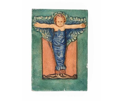 Mary Watts for Compton Potters Art Guild, a relief moulded plaque, Christ as the Tree of Life, polychrome decorated in green 