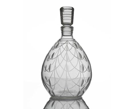 Ludwig Kny for Stuart, a Tamara pattern cut glass decanter, circa 1938, bulbous teardrop form, cut with etched swags and mitr