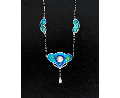 An Arts and Crafts enamelled silver and pearl necklace, Gourdel Vales and Co., circa 1910, the heart shaped pendant with cent