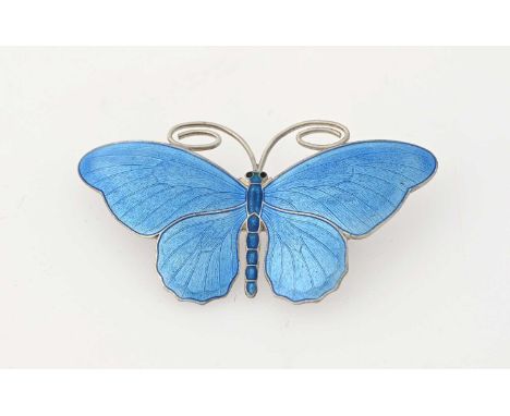Marius Hammer, a silver and enamelled brooch, blue basse taille enamel wings, 6cm wide, 15.3g