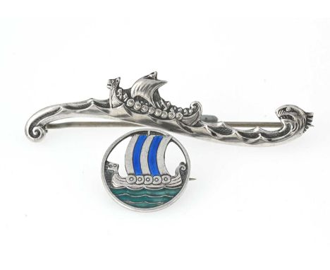 Two Norwegian Modernist silver brooches, including a David Andersen enamelled long boat example in blue and green enamel, the
