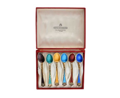 David Anderson, a Harlequin set of six silver gilt and enamelled coffee spoons, cast with foliate coronet terminals, the hand