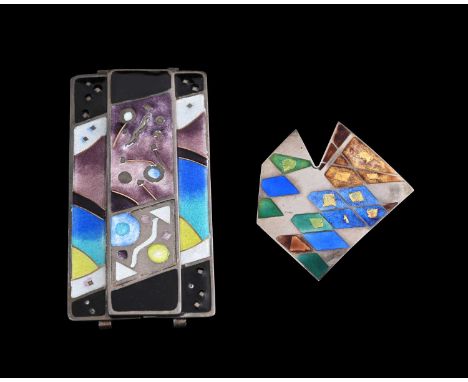 Sarah Letts, a silver and enamel geometric brooch and a buckle, brooch with silver hallmark for London 1990, lengths 5cm and 
