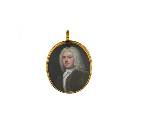 British School, 18th Century, an oval portrait miniature of a gentleman, in a powdered white wig, white stock, and brown jack