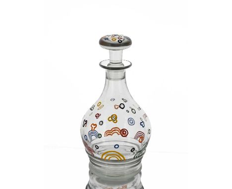 Stuart and Sons, an Art Deco enamelled glass decanter, circa 1930, mallet form with moulded ribbed base, decorated with abstr