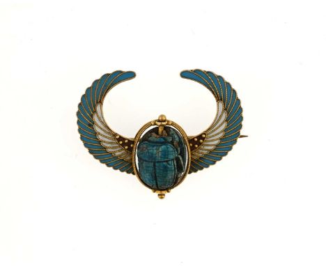 An Egyptian Revivalist gold coloured metal and Ancient faience winged scarab brooch, in the Italian style of Castallani and M