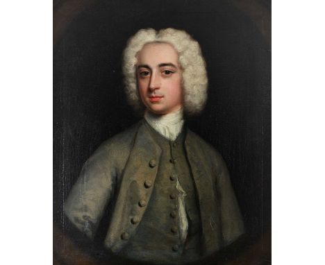 Circle of Hans Hysing, circa 1730, portrait of a young gentleman, bust-length, wearing a white stock, a grey coat, and waistc