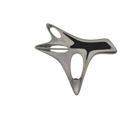 Henning Koppel for Georg Jensen, a Modernist silver and enamelled brooch, model 323, abstract tree branch form with pierced o