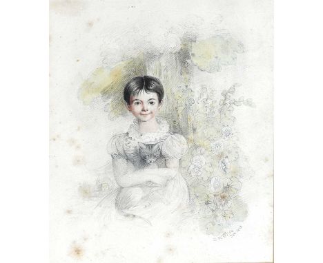 Daniel Maclise (British, 1806-1870), portrait of a young lady, seated half-length in a landscape holding a cat, house beyond,