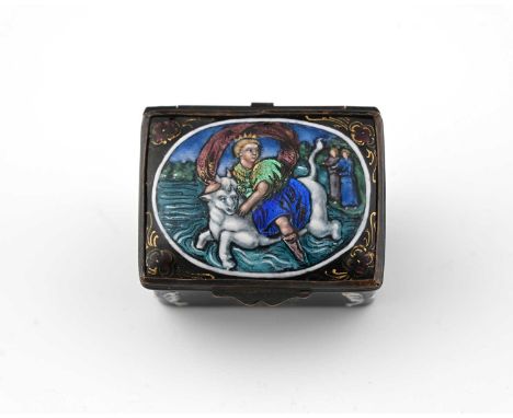 A Renaissance revival Limoges enamel patch box, cuboid form, the lid painted with an allegorical depiction of Europa riding a
