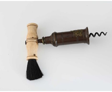 A 19th century brass and bone handled Thomason Patent corkscrew, the turned barrel applied with embossed Royal coat of arms, 