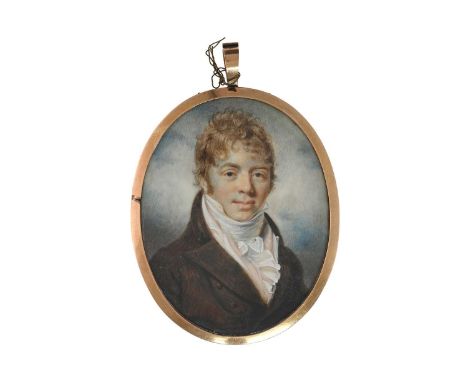 British School, mid-19th Century, an oval portrait miniature of a young gentleman, bust-length, wearing a white stock and bro