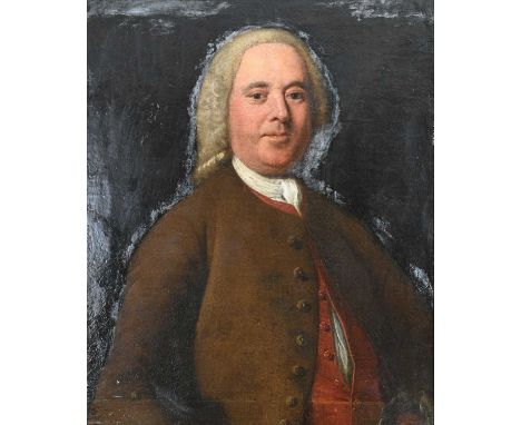 British School, 18th Century, portrait of a gentleman, half-length wearing a white stock, brown jacket, and a red waistcoat, 