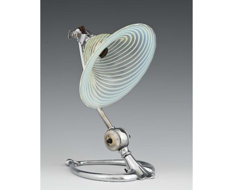 W A S Benson, an Arts and Crafts brass table lamp, later chromed, model 1246, circa 1900, the tubular arm with barrel switch,
