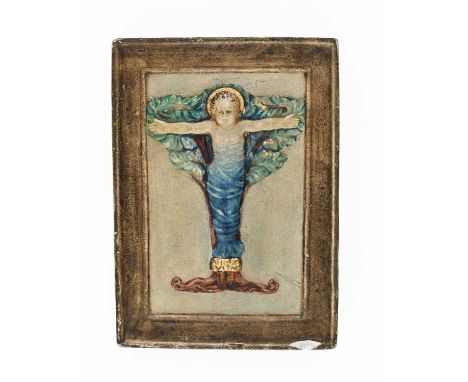Mary Watts for Compton Potters Art Guild, a relief moulded plaque, Christ as the Tree of Life, polychrome decorated, with int