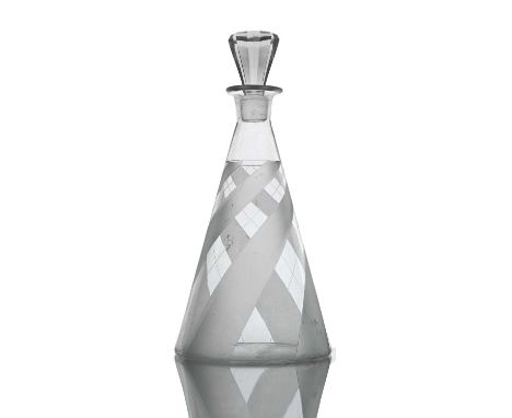 An Art Deco glass decanter, circa 1930, conical form with wrythen bands of frosted and engaved stripes, with octagonal sectio
