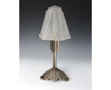 Edgar Brandt for Muller Freres, an Art Deco frosted glass and silvered wrought iron table lamp, circa 1920, the hexagonal sec