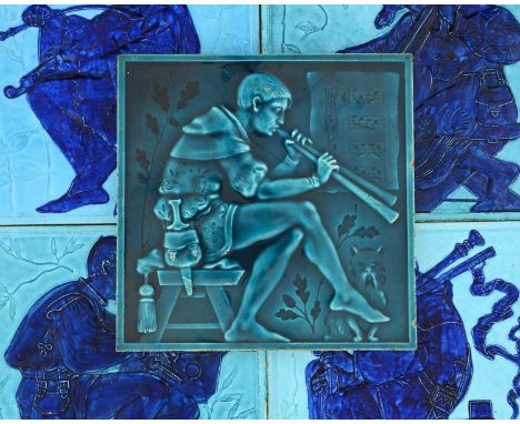 Edward Hammod for Minton, five Medieval Musicians tiles, circa 1875, in the PreRaphaelite style, dust pressed and relief moul